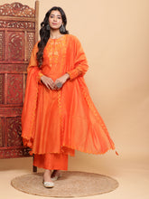 Nazm Embroidered Cuff-Sleeves Kurta Set with Dupatta - Rust Orange