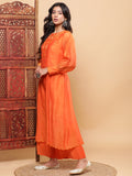 Nazm Embroidered Cuff-Sleeves Kurta Set with Dupatta - Rust Orange