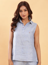 Denim Blue Sleeveless Collared Linen Top 1