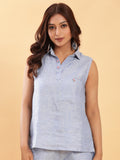 Denim Blue Sleeveless Collared Linen Top 1