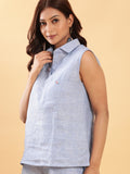 Denim Blue Sleeveless Collared Linen Top 2