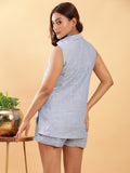 Denim Blue Sleeveless Collared Linen Top 4