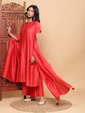 Nazm Embroidered Kimono Sleeves Kurta with Banarasi Pants and Dupatta - Red