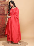 Nazm Embroidered Kimono Sleeves Kurta with Banarasi Pants and Dupatta - Red