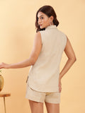 Sleeveless Collared Khaki Linen Top 4