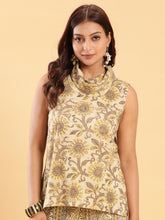 Vegetable Dye Handblock Umber Brown Cowl Neck Fusion Top