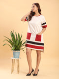 Beige T-Shirt Dress with Red Pockets