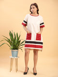 Beige T-Shirt Dress with Red Pockets