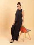 Black self stripe Top with Flared Pants with Side Slits Co-ord Set