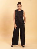 Black self stripe Top with Flared Pants with Side Slits Co-ord Set