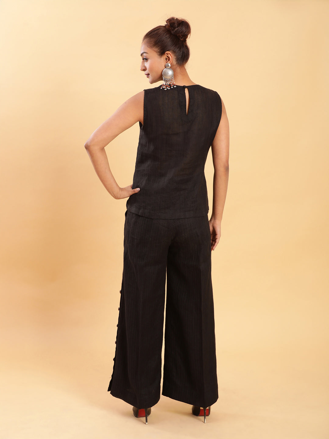 Black self stripe Top with Flared Pants with Side Slits Co-ord Set