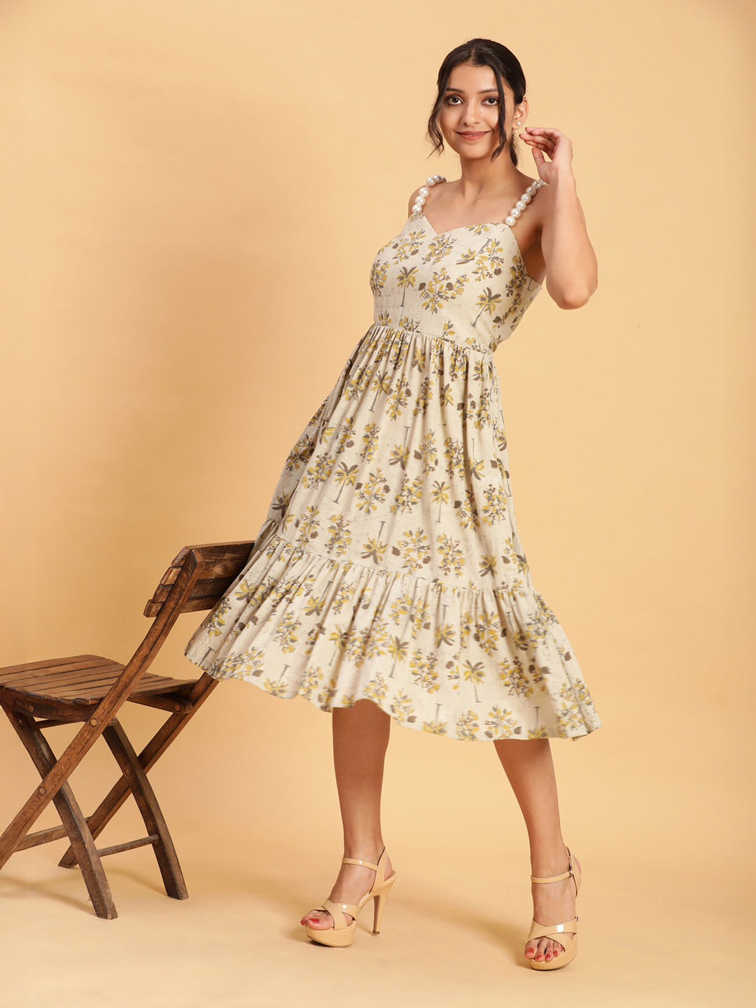 Handblock Boho Dress with Ornate Pearl Straps