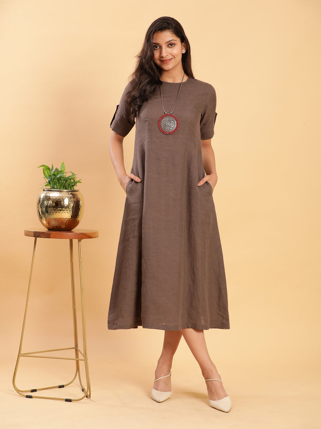 Umber Brown Princess Cut Linen Midi Dress