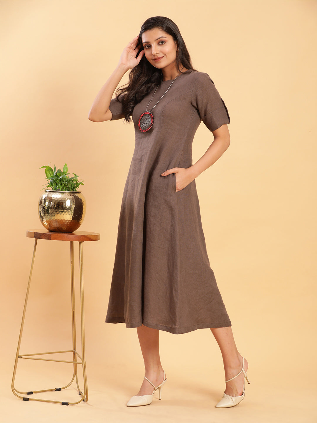 Umber Brown Princess Cut Linen Midi Dress