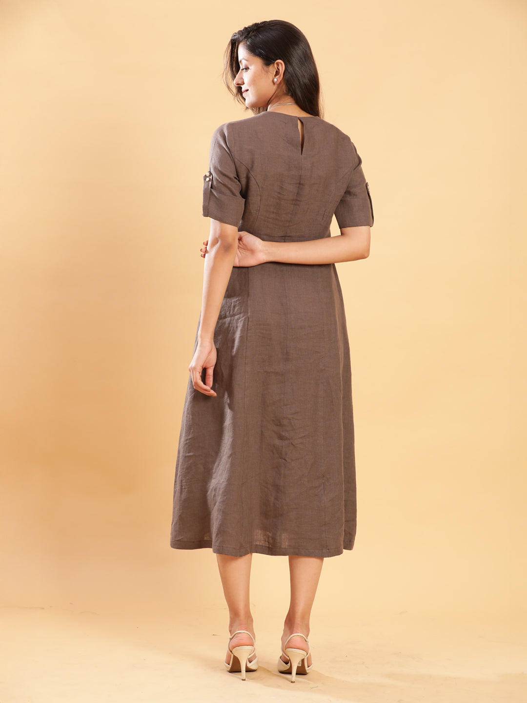 Umber Brown Princess Cut Linen Midi Dress