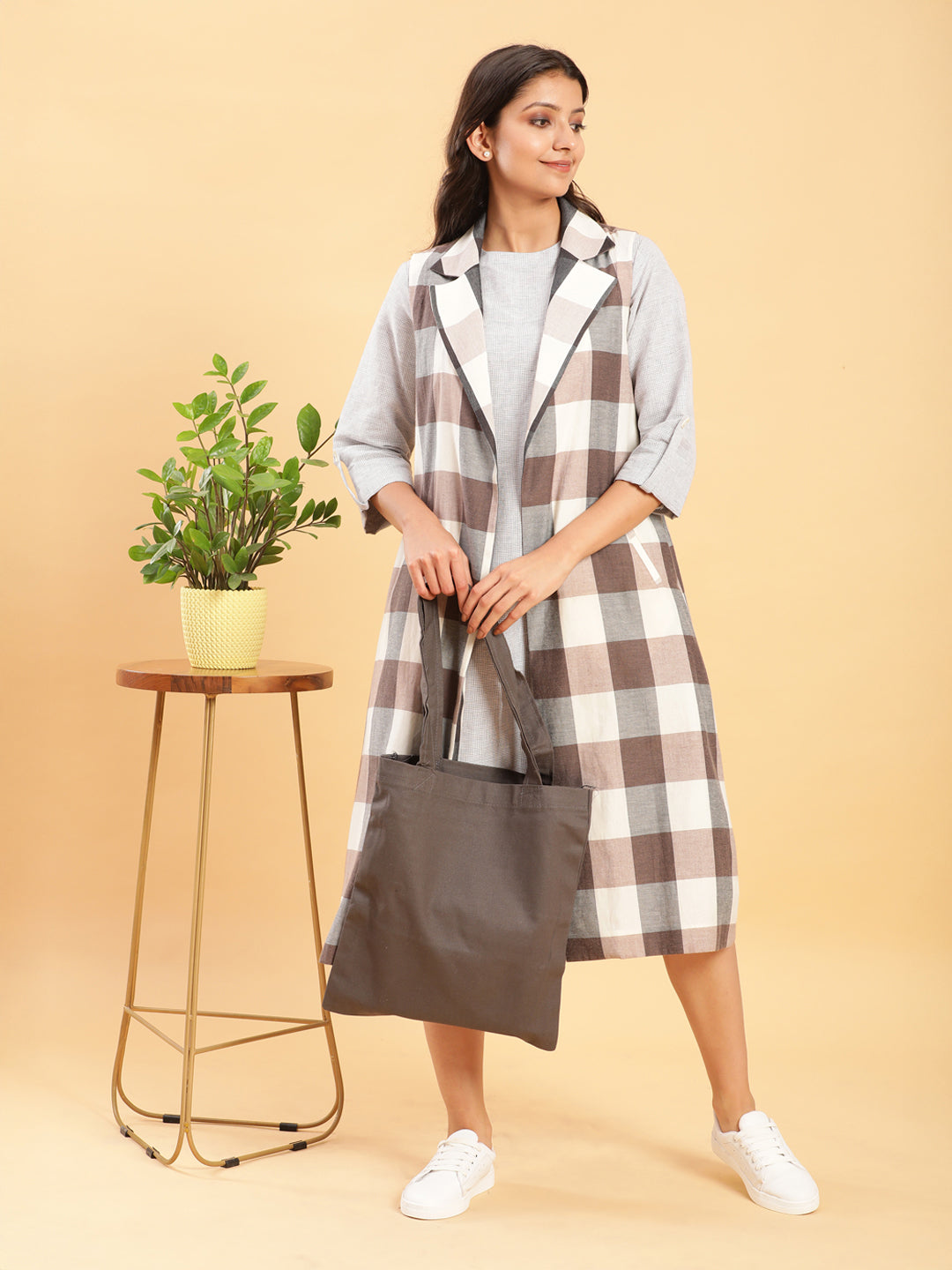 Earthy Check Linen Jacket with Fine Check Linen Dress