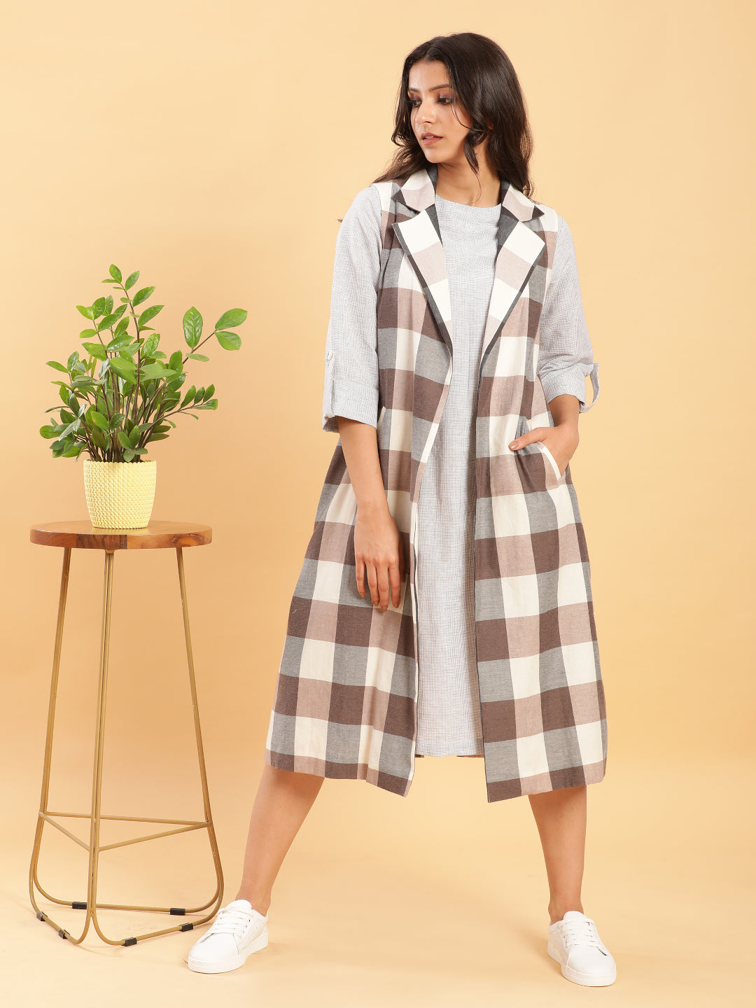 Earthy Check Linen Jacket with Fine Check Linen Dress