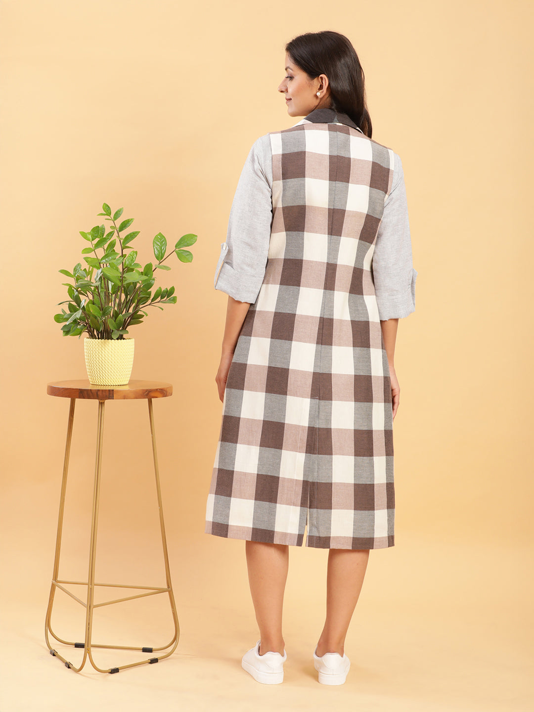 Earthy Check Linen Jacket with Fine Check Linen Dress