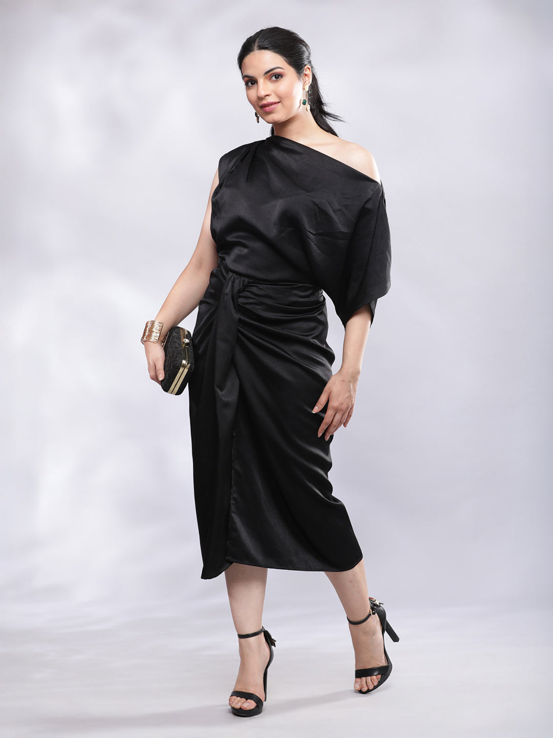 Drape Skirt with One Shoulder Cowl Top Co-ord Set - Black