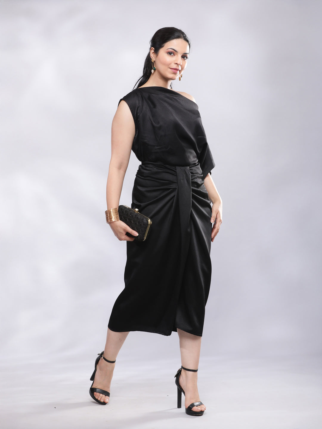 Drape Skirt with One Shoulder Cowl Top Co-ord Set - Black