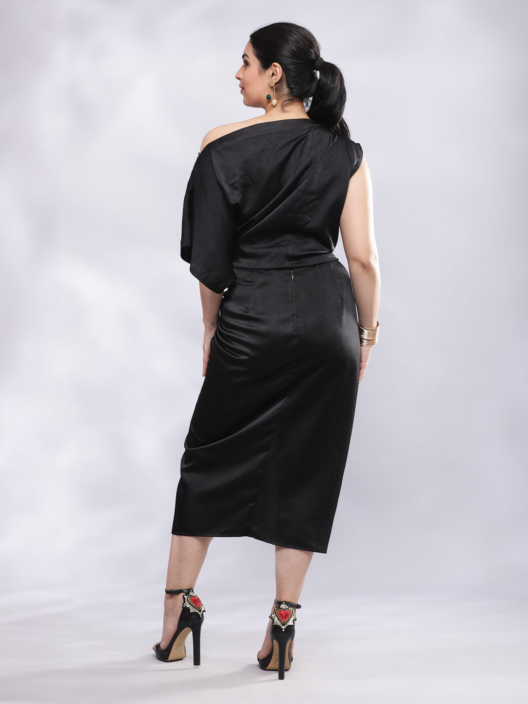 Drape Skirt with One Shoulder Cowl Top Co-ord Set - Black