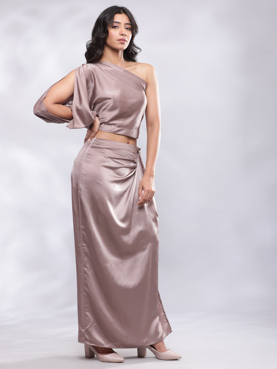 Drape Skirt with One Shoulder Cowl Top Co-ord Set - Champagne