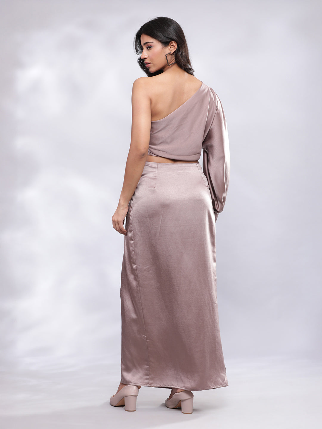 Drape Skirt with One Shoulder Cowl Top Co-ord Set - Champagne