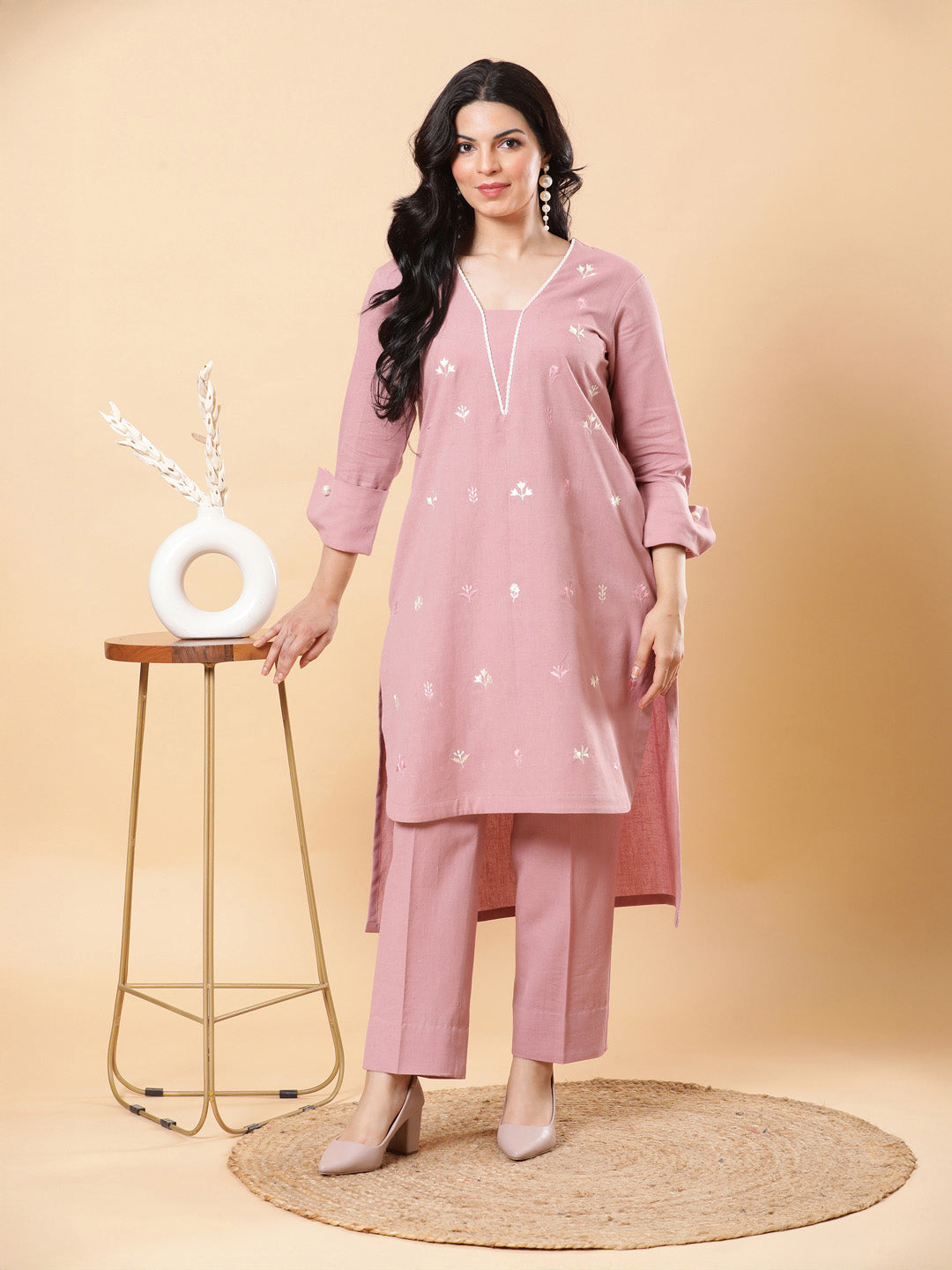 Dusty Pink Embroidered High Low Kurta with Cuffs + Pants