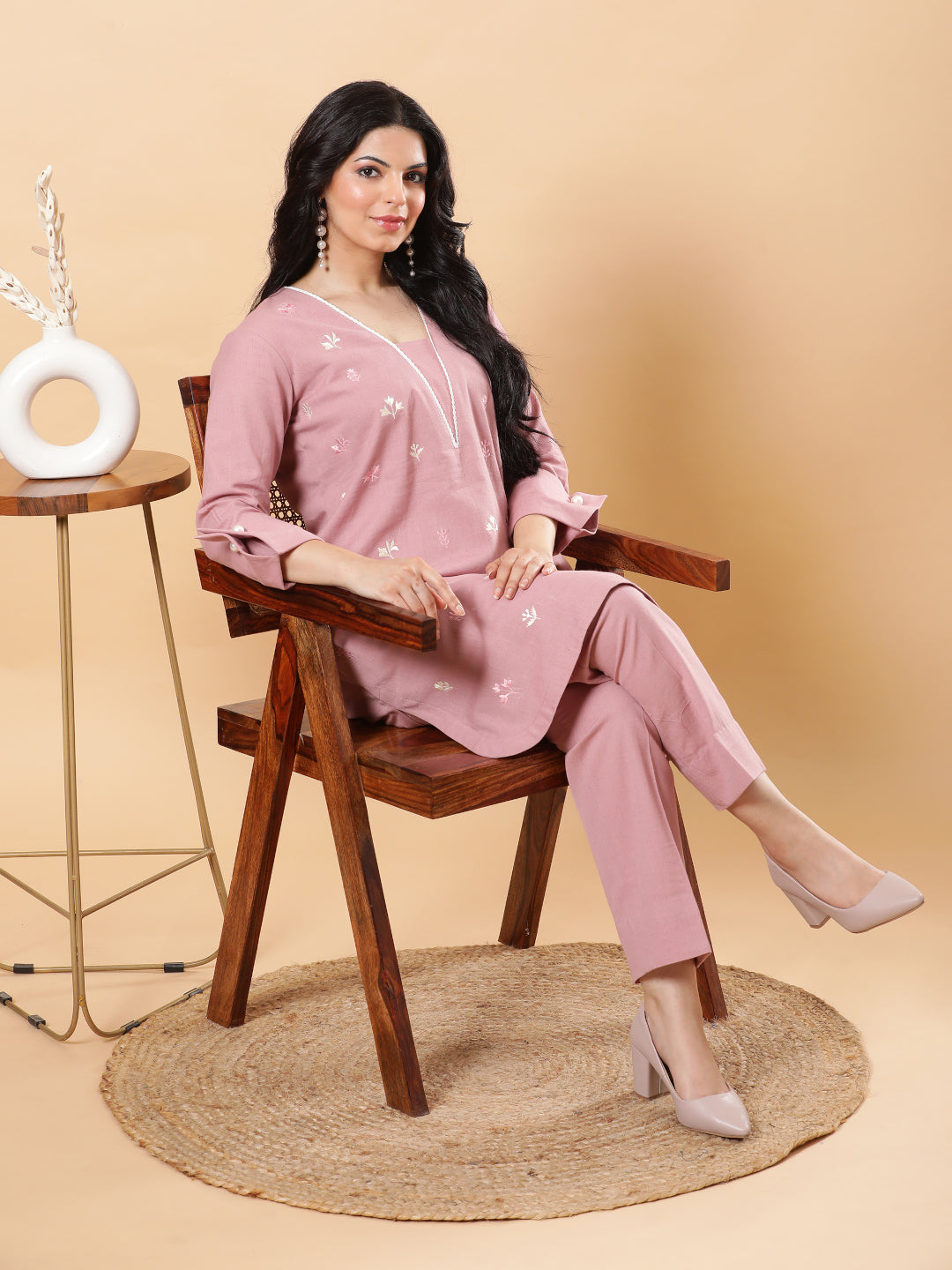 Dusty Pink Embroidered High Low Kurta with Cuffs + Pants