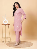 Dusty Pink Embroidered High Low Kurta with Cuffs + Pants