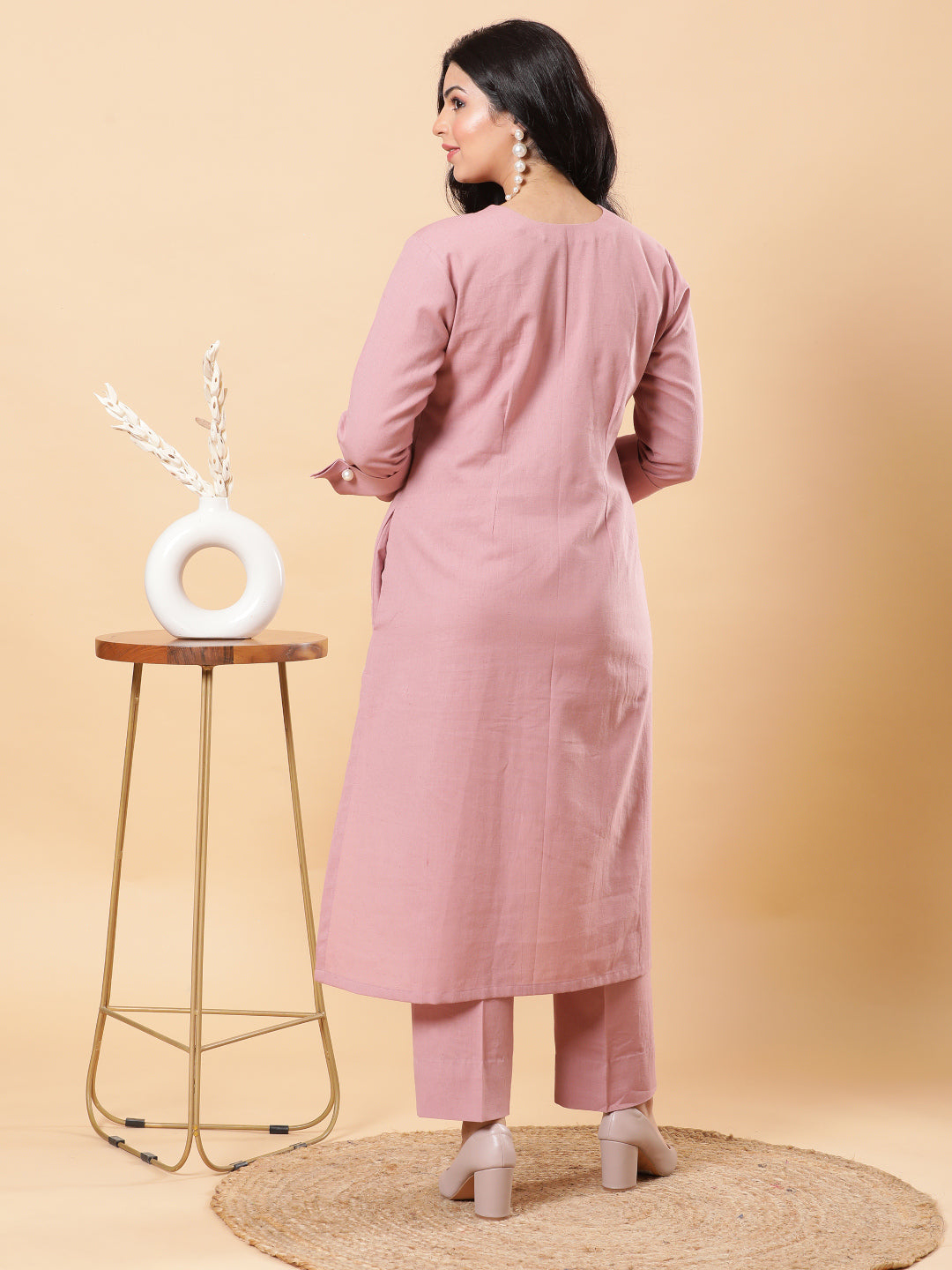 Dusty Pink Embroidered High Low Kurta with Cuffs + Pants