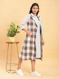 Earthy Check Linen Sleeveless Long Jacket