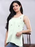 Summery Embroidered A-line Linen Top - Pastel Green