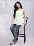 Summery Embroidered A-line Linen Top - Pastel Green