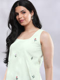 Summery Embroidered A-line Linen Top - Pastel Green