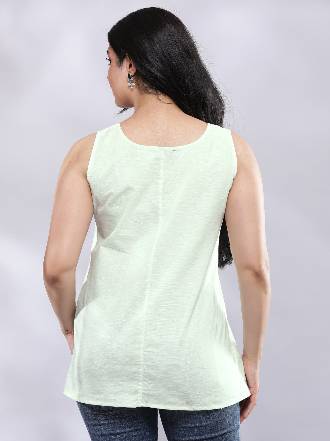 Summery Embroidered A-line Linen Top - Pastel Green