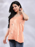 Summery Embroidered A-line Linen Top - Peach