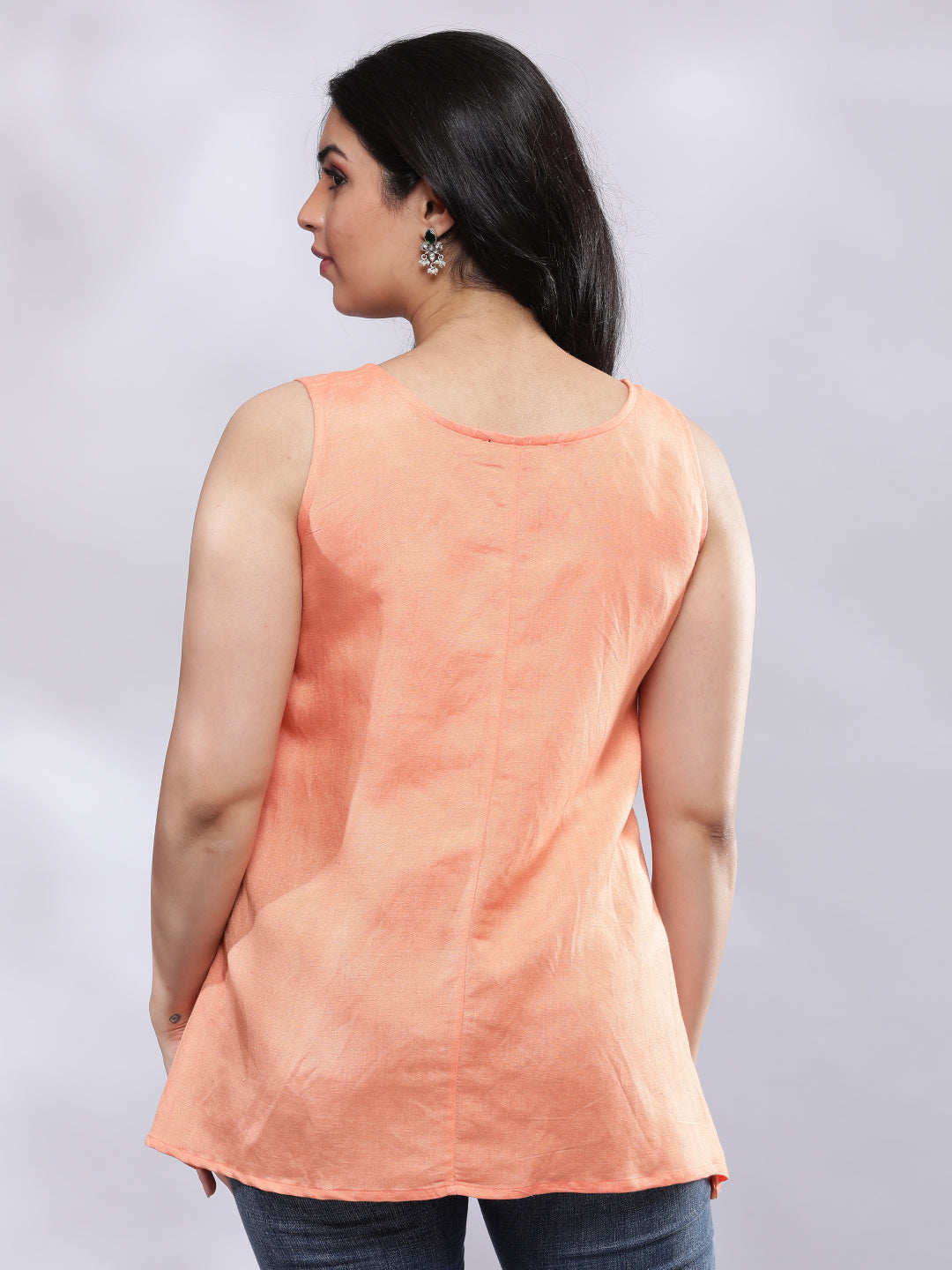 Summery Embroidered A-line Linen Top - Peach