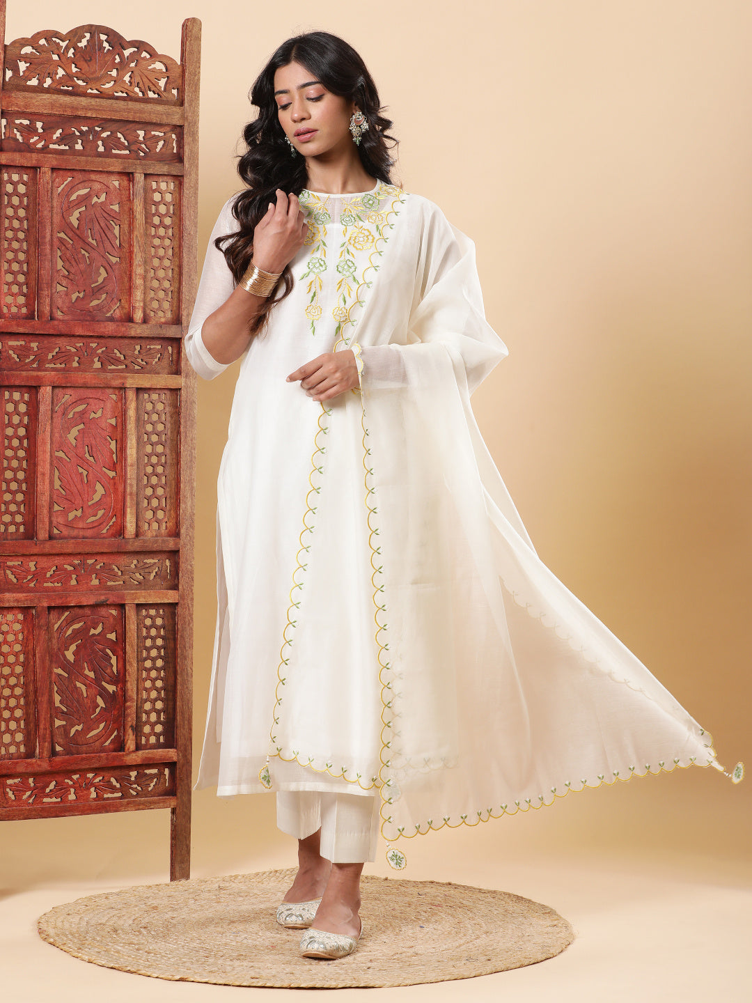 Nazm Embroidered Kurta Pants with Dupatta - Ivory