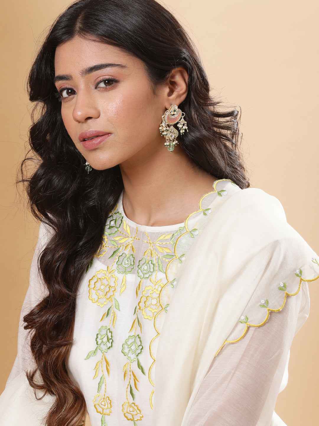 Nazm Embroidered Kurta Pants with Dupatta - Ivory