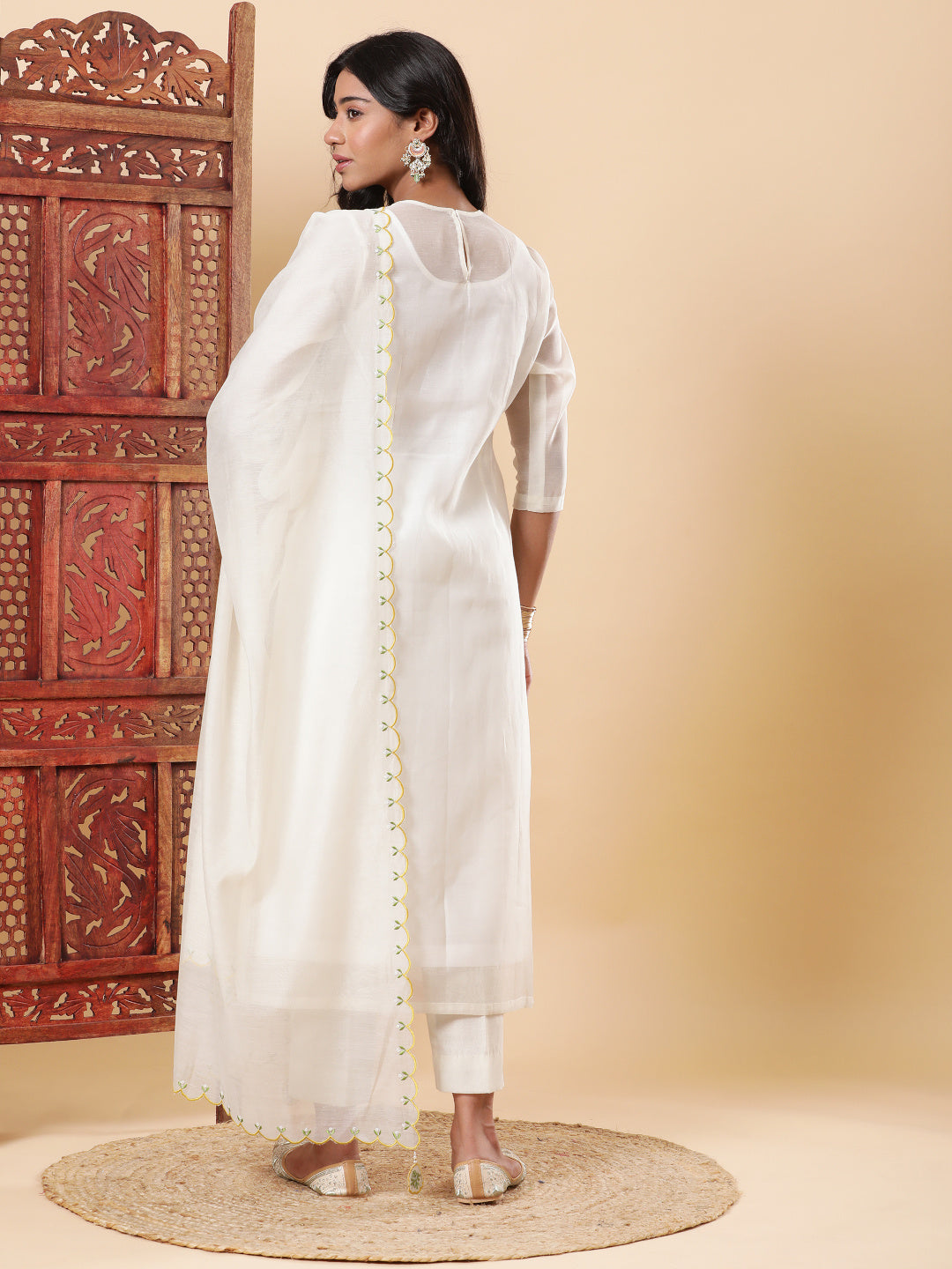 Nazm Embroidered Kurta Pants with Dupatta - Ivory