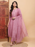 Nazm Embroidered Kurta Pants with Dupatta - Mauve