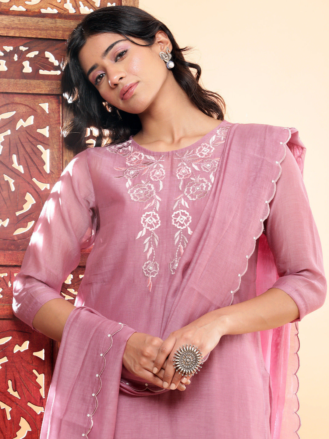 Nazm Embroidered Kurta Pants with Dupatta - Mauve