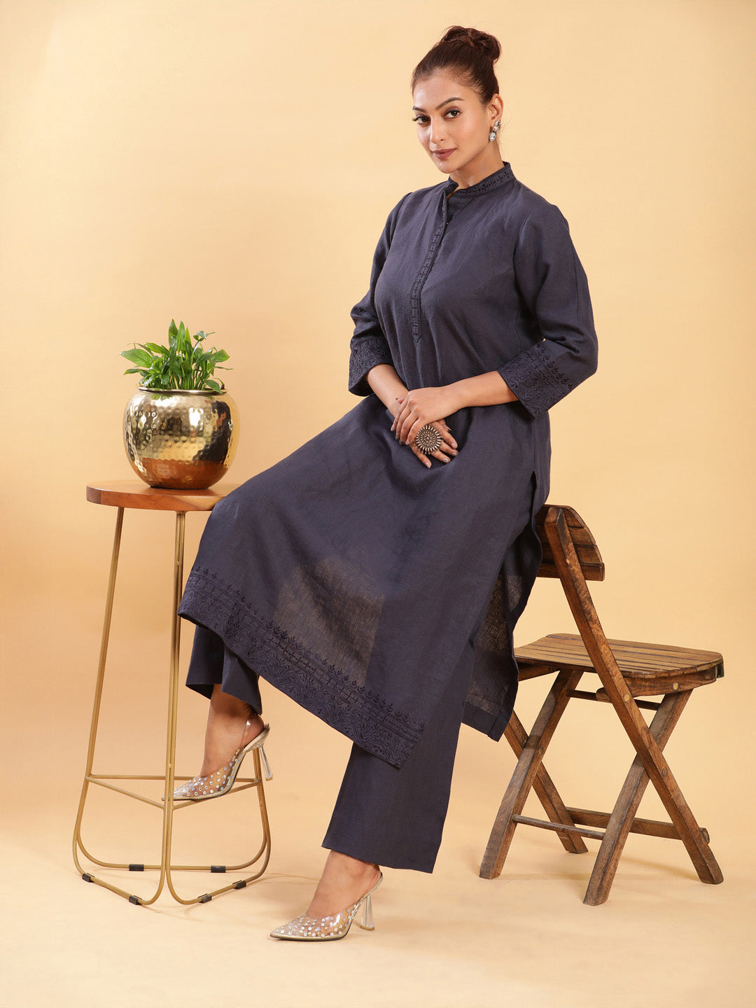 Embroidered Formal Linen Kurta Pants - Carbon Blue