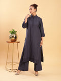 Embroidered Formal Linen Kurta Pants - Carbon Blue