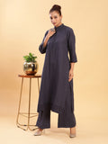 Embroidered Formal Linen Kurta Pants - Carbon Blue