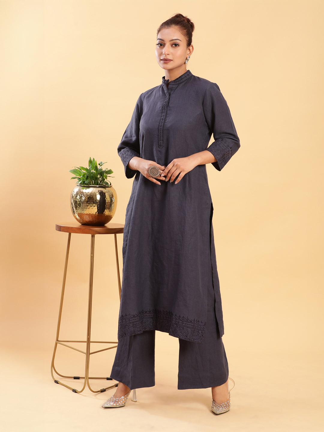 Embroidered Formal Linen Kurta Pants - Carbon Blue