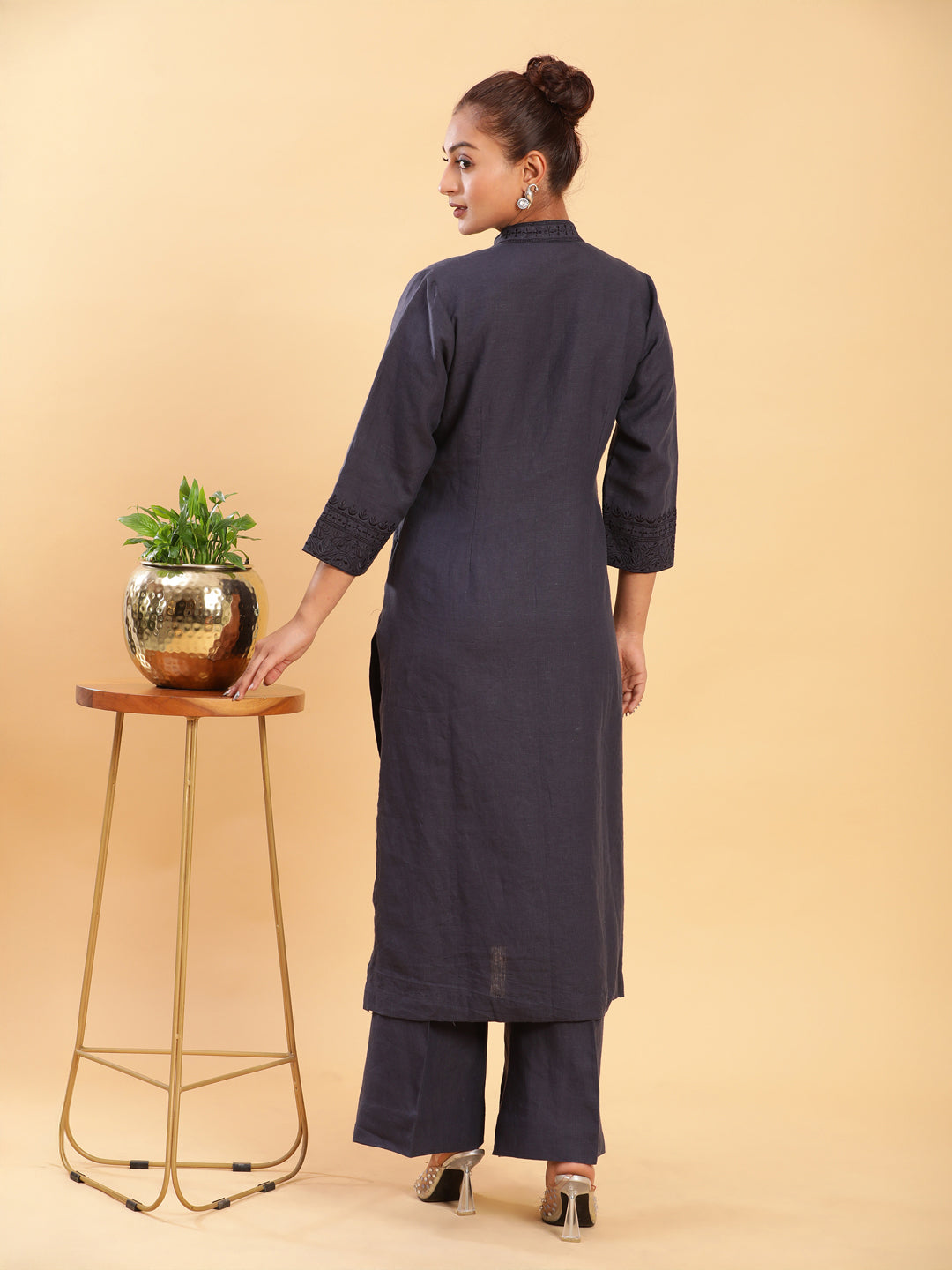 Embroidered Formal Linen Kurta Pants - Carbon Blue