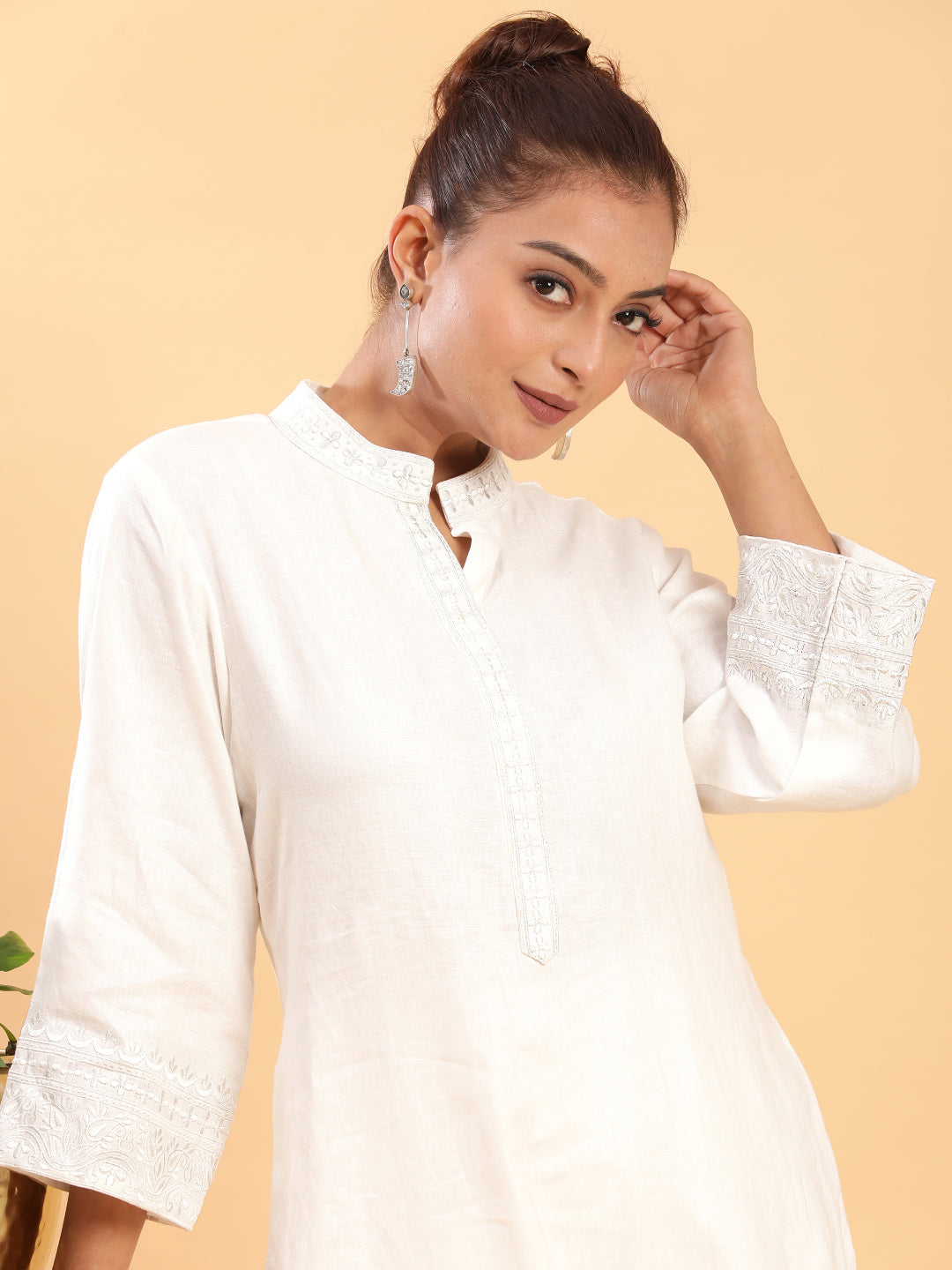 Embroidered Formal Linen Kurta Pants - White