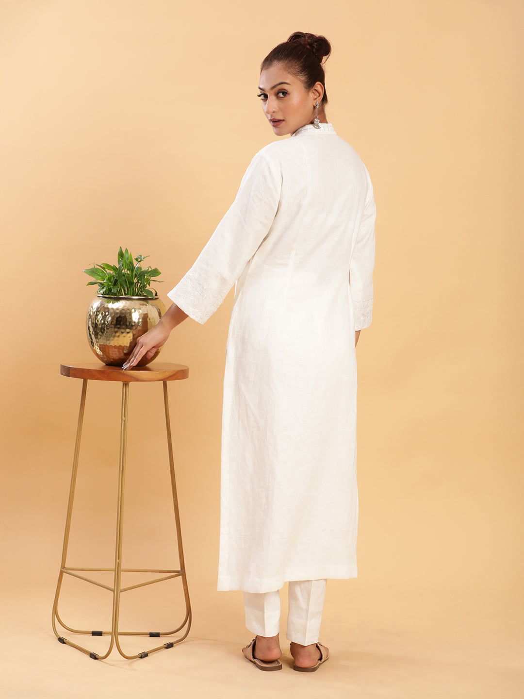 Embroidered Formal Linen Kurta Pants - White